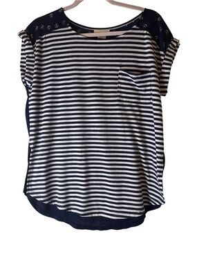 Belle Du Jour Nautical Navy and White Striped Short Sleeve Tee, Sz Sm
